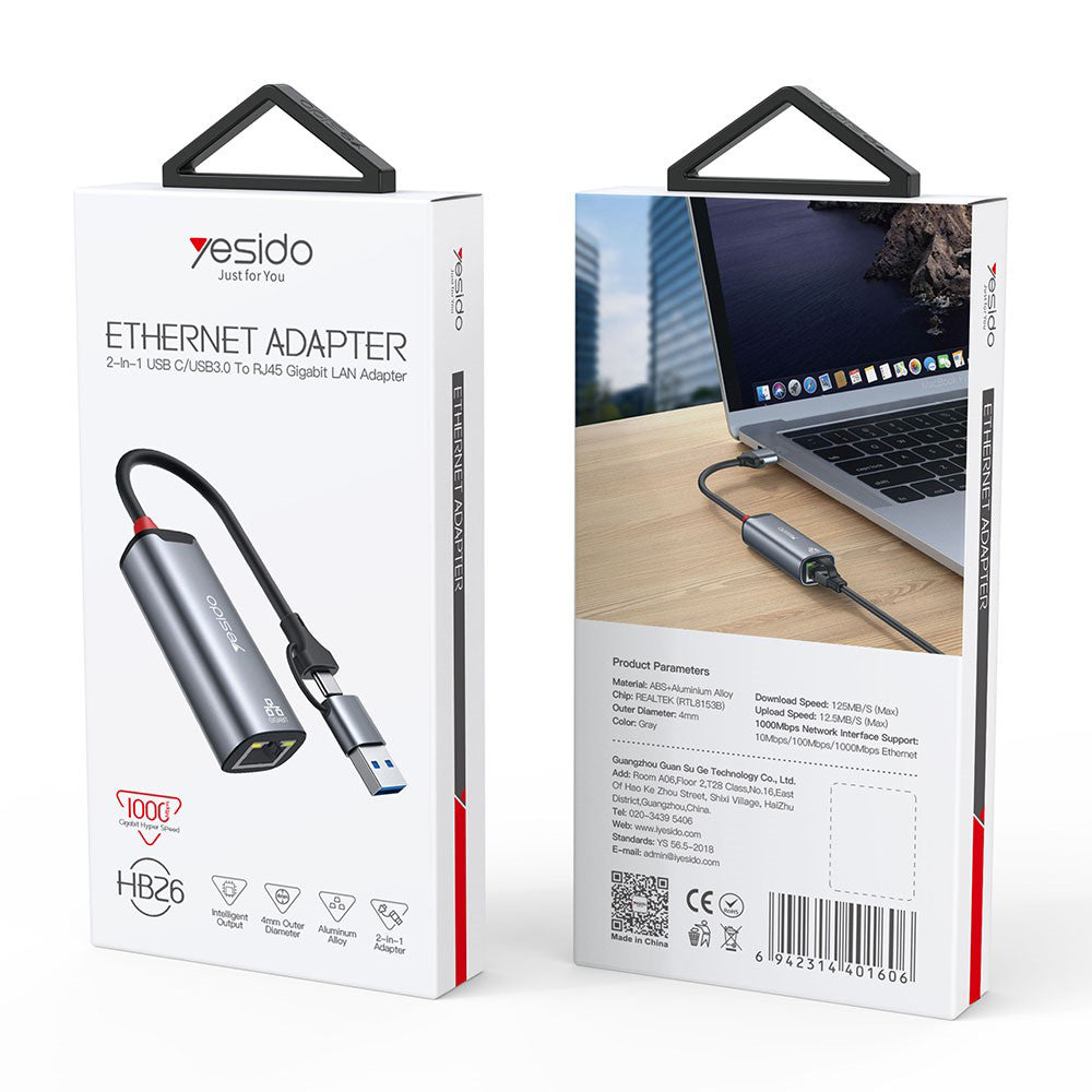 Placa Retea Yesido HB26, RJ45, USB / USB-C, Gri