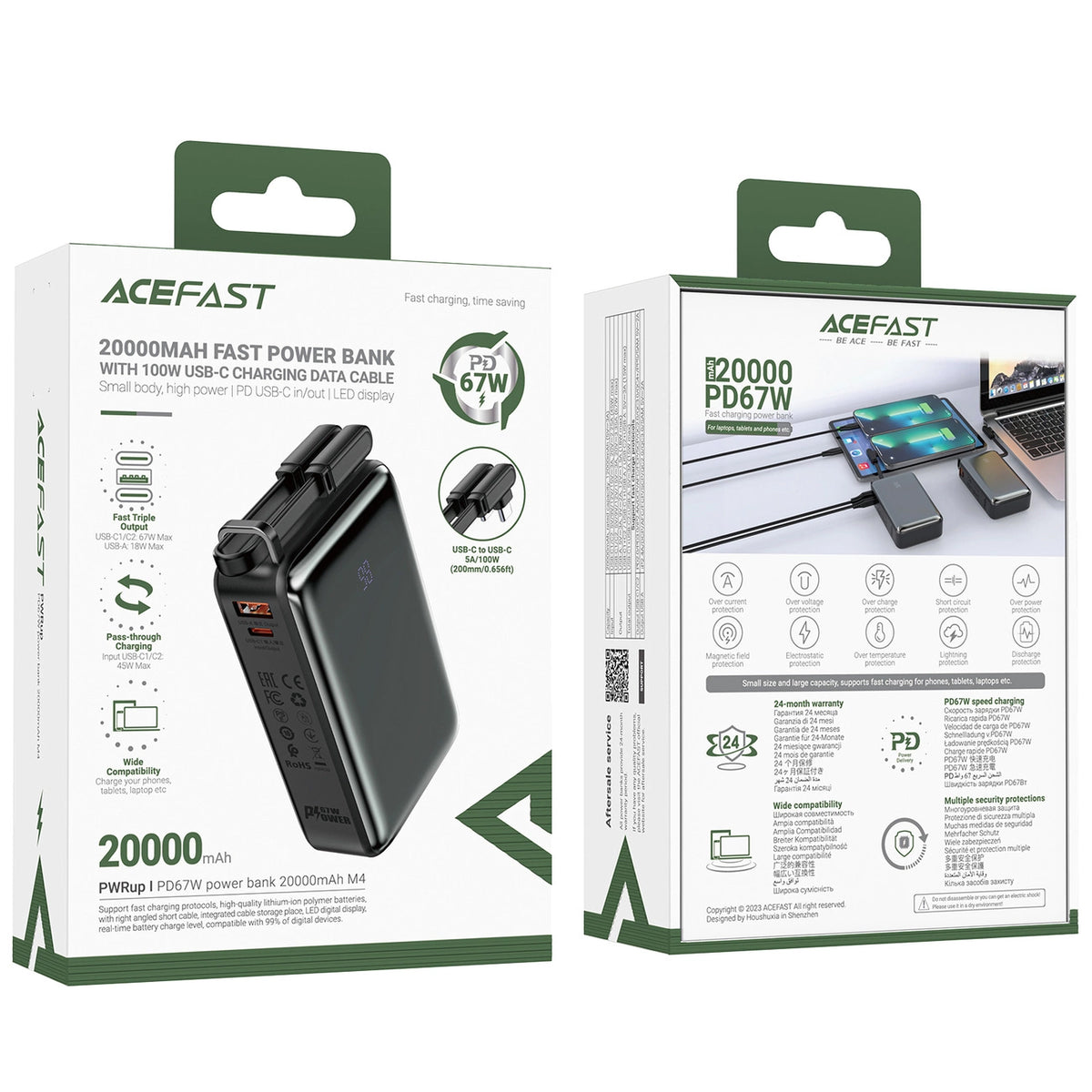 Baterie Externa Acefast M4, 20000mAh, 67W, PD, 1 x USB-A - 2 x USB-C, Neagra