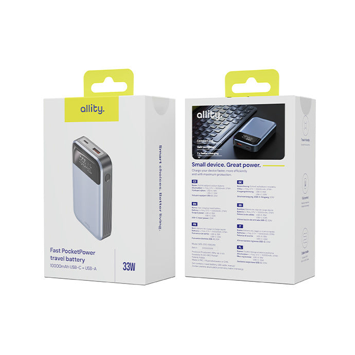 Baterie Externa Allity. APB-200 PocketPower, 10000mAh, 33W, QC + PD, 1 x USB-A - 1 x USB-C, Gri