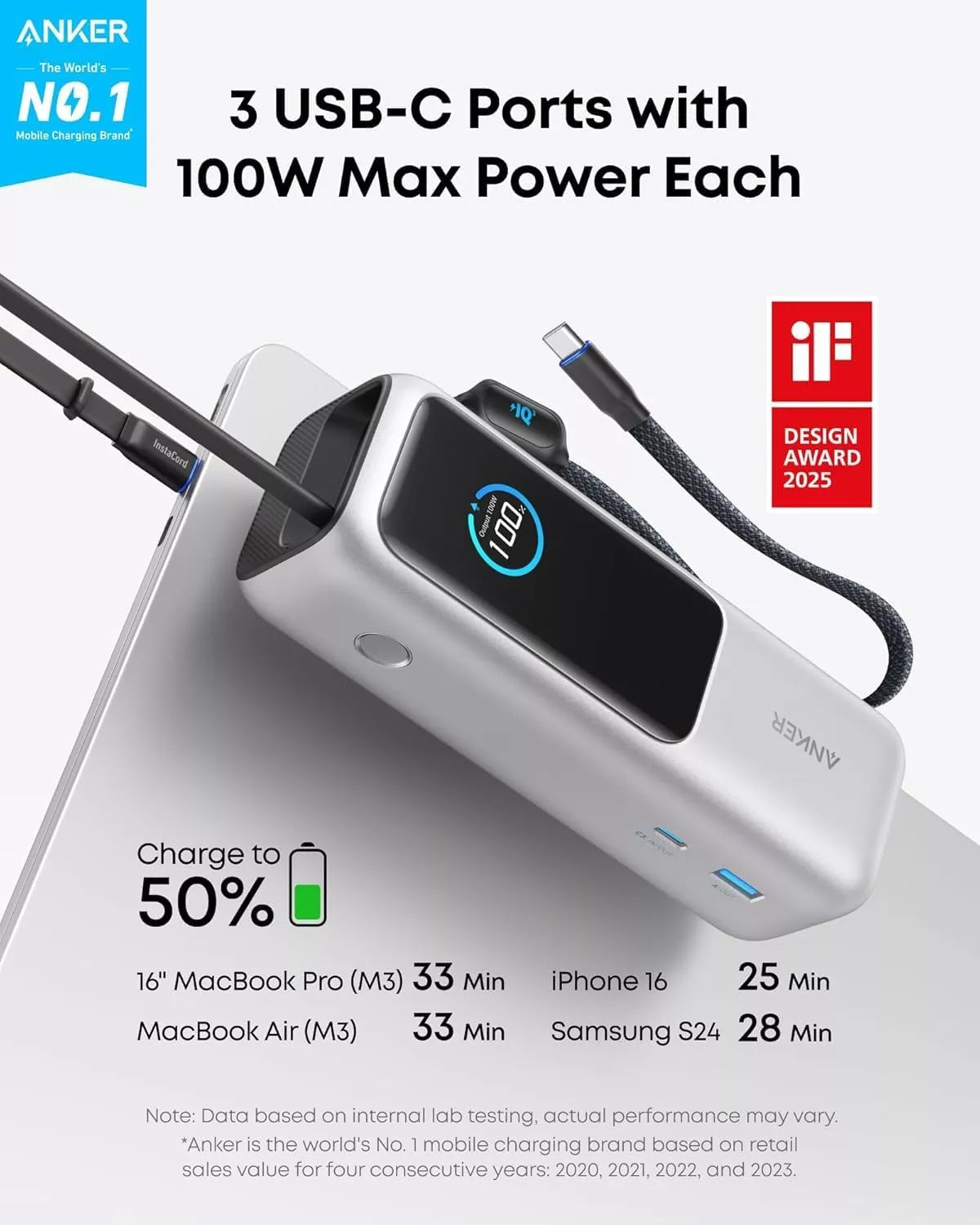 Baterie Externa Anker, 25000mAh, 165W, QC + PD, 1 x USB-A - 3 x USB-C, Argintie A1695H41