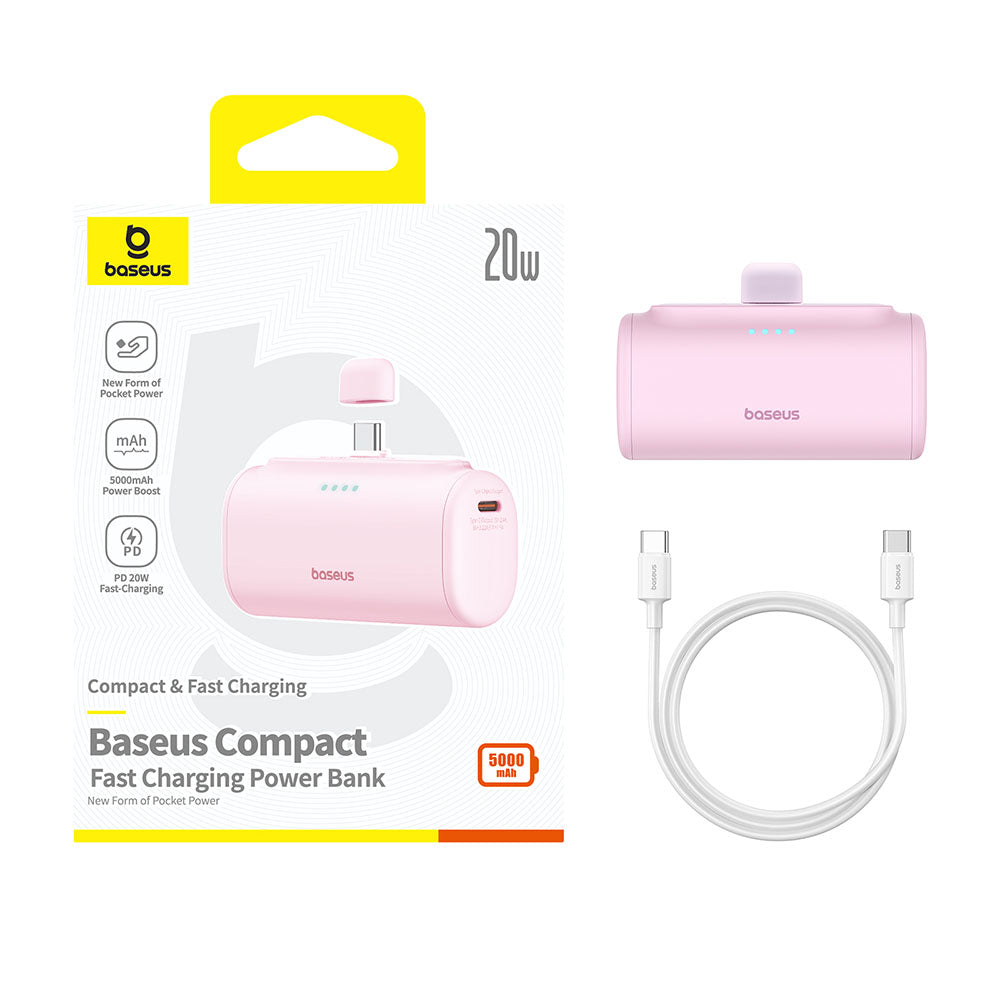 Baterie Externa Baseus Compact, 5000mAh, 20W, PD, 2 x USB-C, Roz P10068306413-00