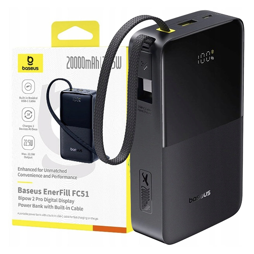 Baterie Externa Baseus EnerFill Bipow2 Pro, 20000mAh, 22.5W, QC + PD, 1 x USB-A - 2 x USB-C, Neagra E0027701