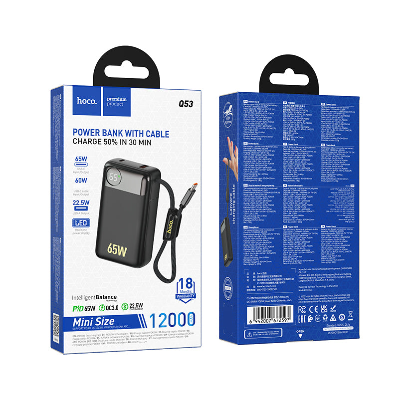 Baterie Externa HOCO Q53, 12000mAh, 65W, QC + PD, 1 x USB-A - 2 x USB-C, Neagra