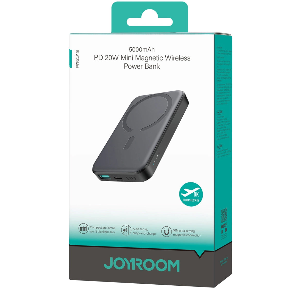 Baterie Externa Wireless Joyroom JR-W020 Mini, 5000mAh, 20W, QC + PD + FQI, 1 x QI - 1 x USB-A - 1 x USB-C, Neagra