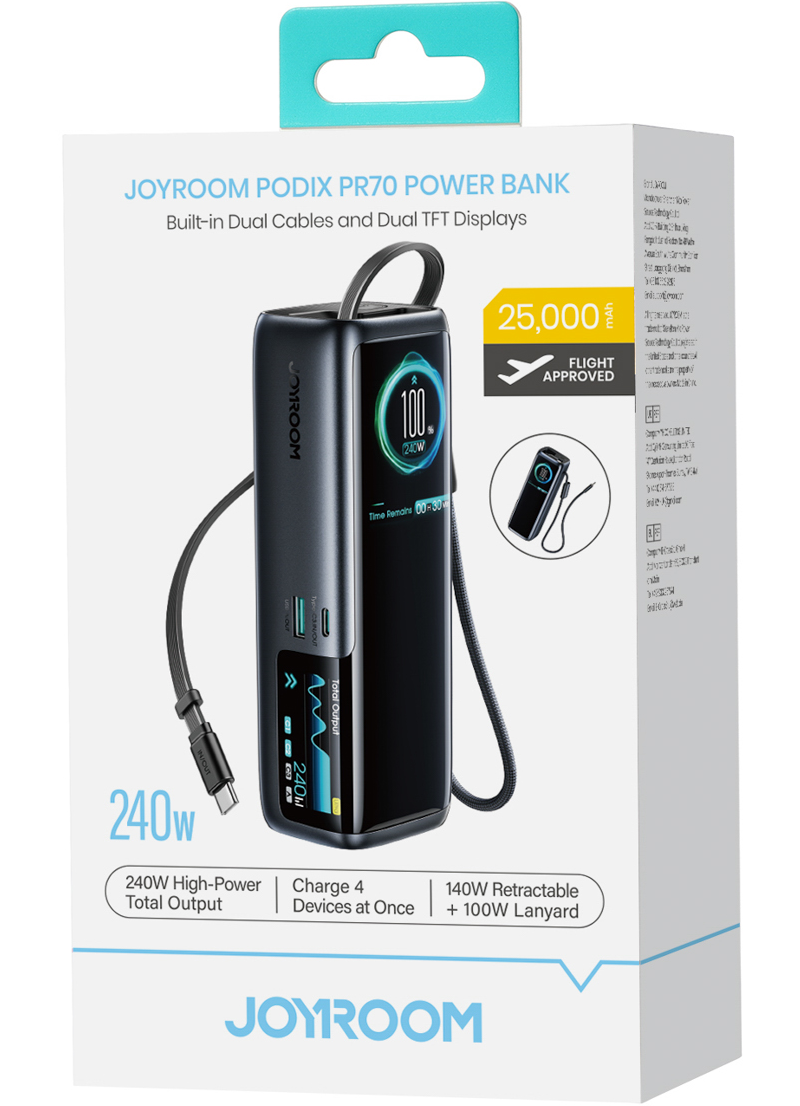 Baterie Externa Joyroom PODIX PR70, 25000mAh, 240W, QC + PD, 1 x USB-A - 3 x USB-C, Neagra