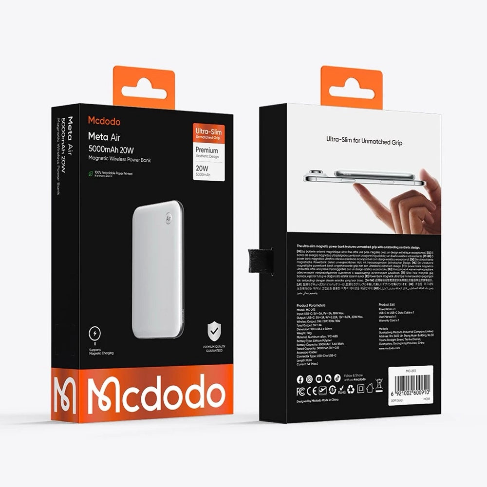 Baterie Externa Wireless McDodo MC-2931 Meta Air, 5000mAh, 20W, PD + FQI, 1 x QI - 1 x USB-C, Neagra
