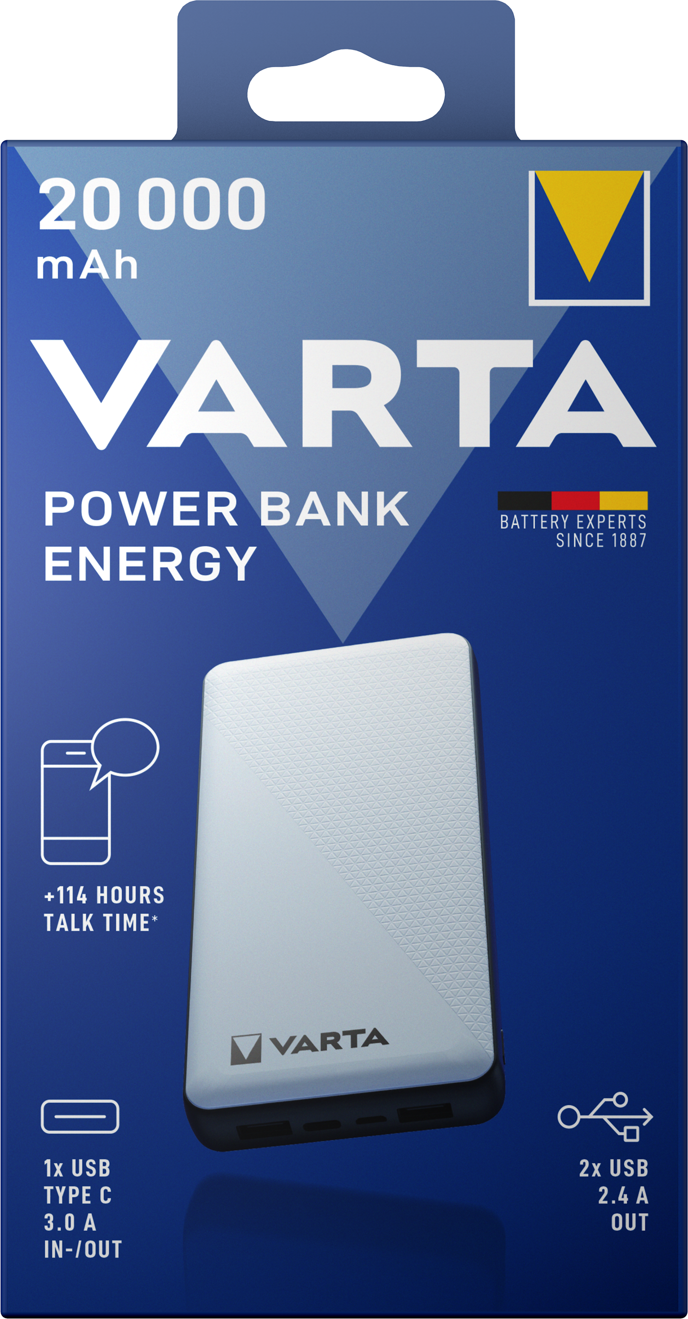 Baterie Externa Varta Energy, 20000mAh, 15W, 2 x USB-A - 1 x USB-C, Alba