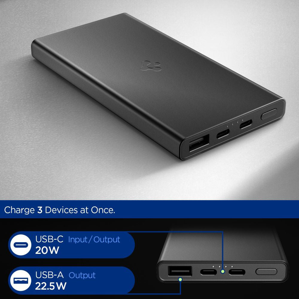 Baterie Externa Spigen Essential, 10000mAh, 22.5W, QC + PD, 1 x USB-A - 2 x USB-C, Neagra ABA09431