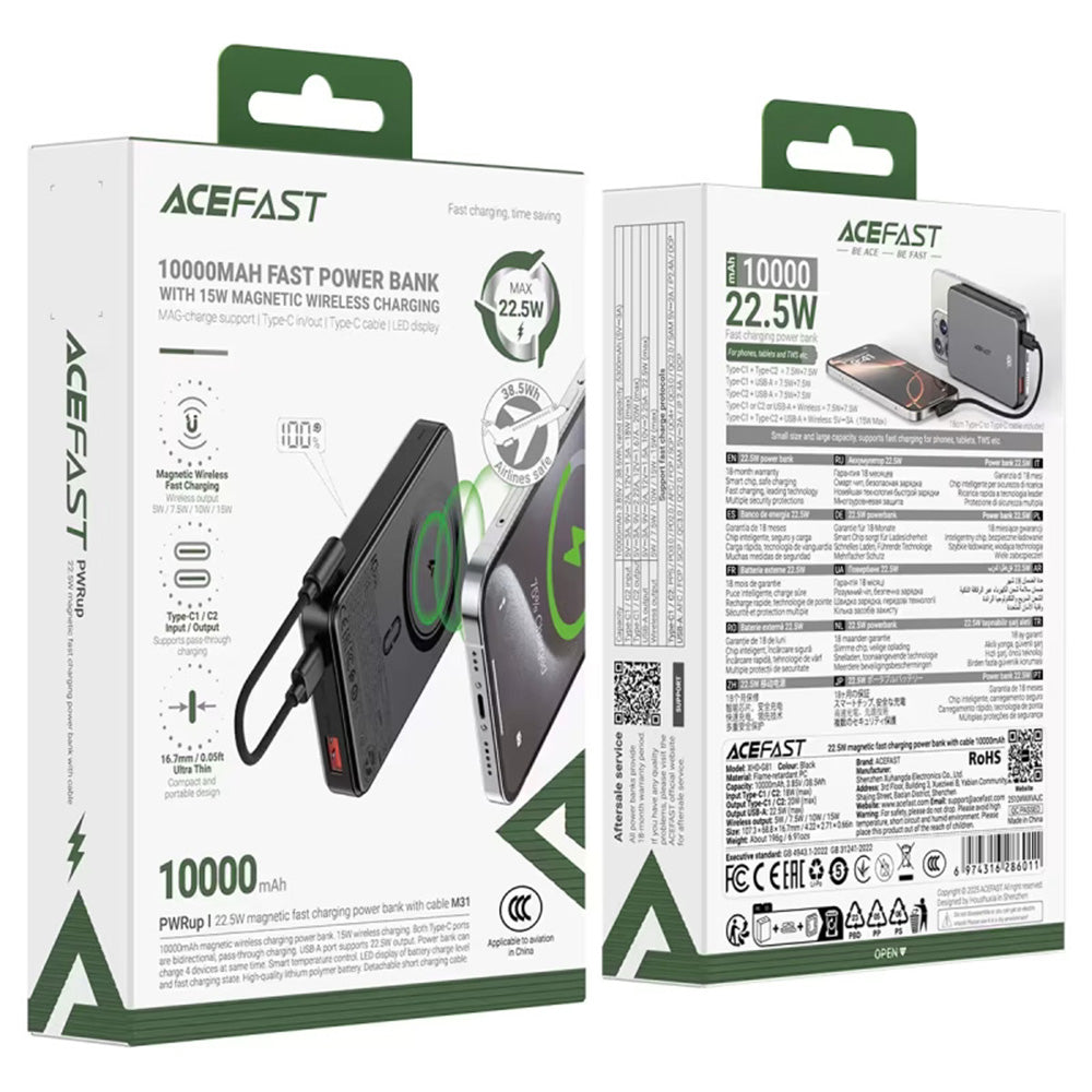 Baterie Externa Wireless Acefast M31, 10000mAh, 22.5W, QC + PD + FQI, 1 x QI - 1 x USB-A - 2 x USB-C, Neagra