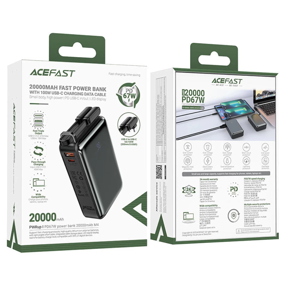Baterie Externa Acefast M4, 20000mAh, 67W, PD, 1 x USB-A - 2 x USB-C, Neagra