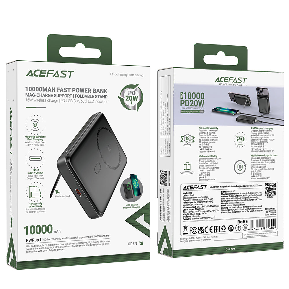 Baterie Externa Wireless Acefast M6, 10000mAh, 20W, PD + FQI, 1 x QI - 1 x USB-C, Neagra