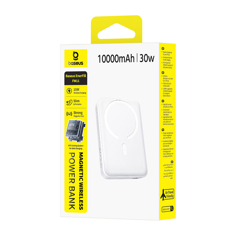 Baterie Externa Wireless Baseus EnerFill FM11, 10000mAh, 30W, PD + FQI, 1 x QI - 1 x USB-C, Alba