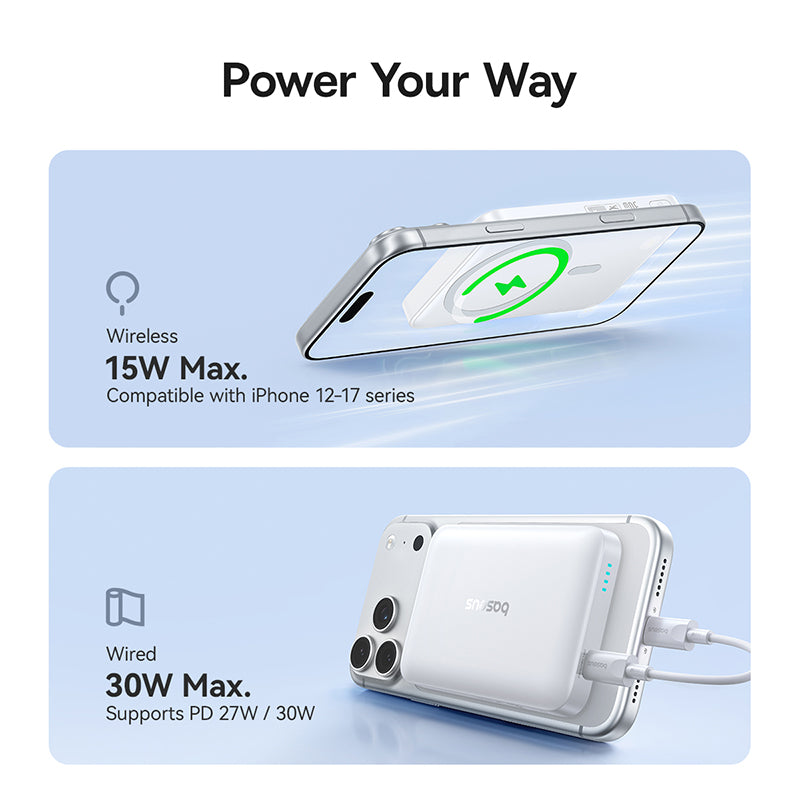 Baterie Externa Wireless Baseus EnerFill FM11, 10000mAh, 30W, PD + FQI, 1 x QI - 1 x USB-C, Alba