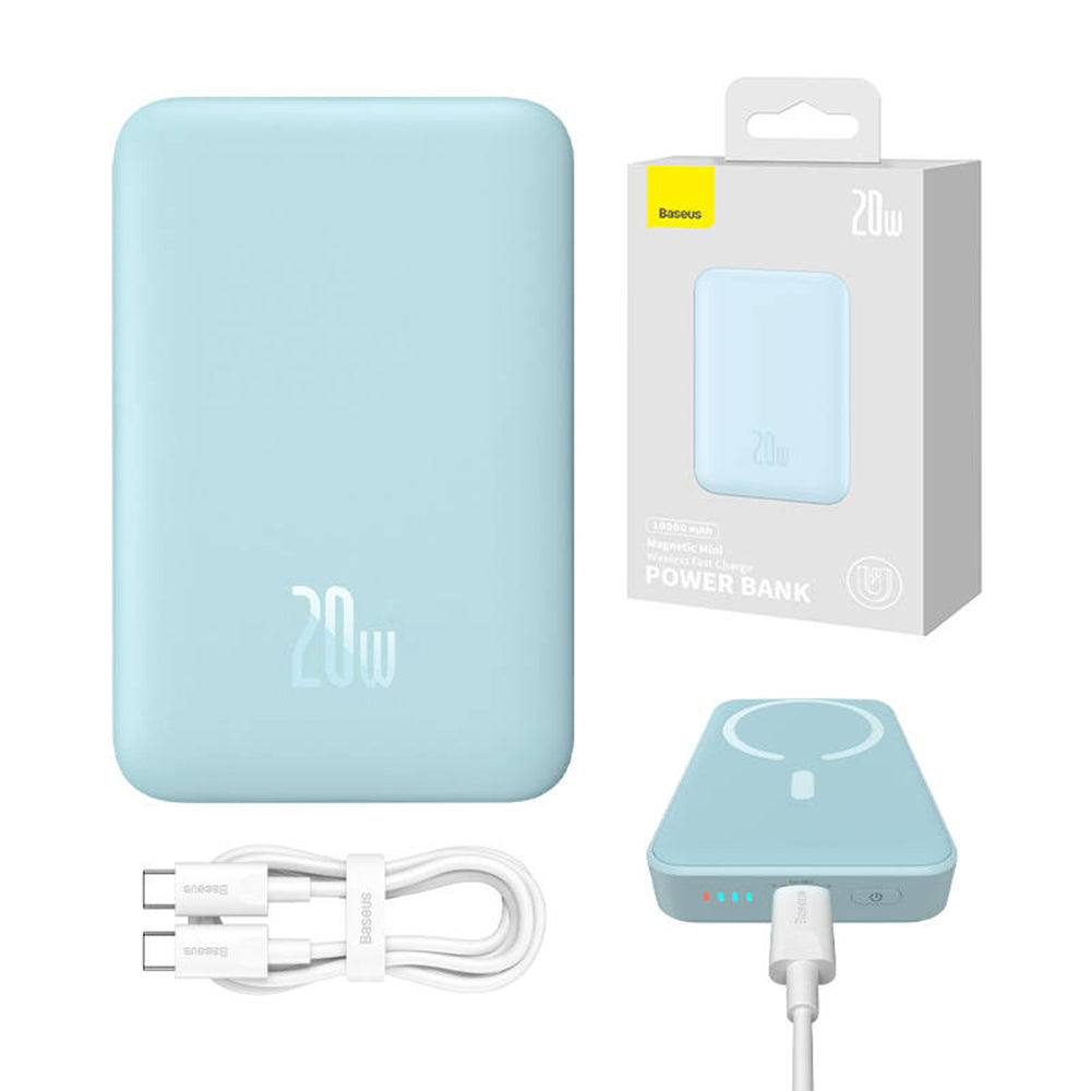 Baterie Externa Wireless Baseus Magnetic Mini, 10000mAh, 20W, PD + FQI, 1 x QI - 1 x USB-C, Albastra PPCX110103