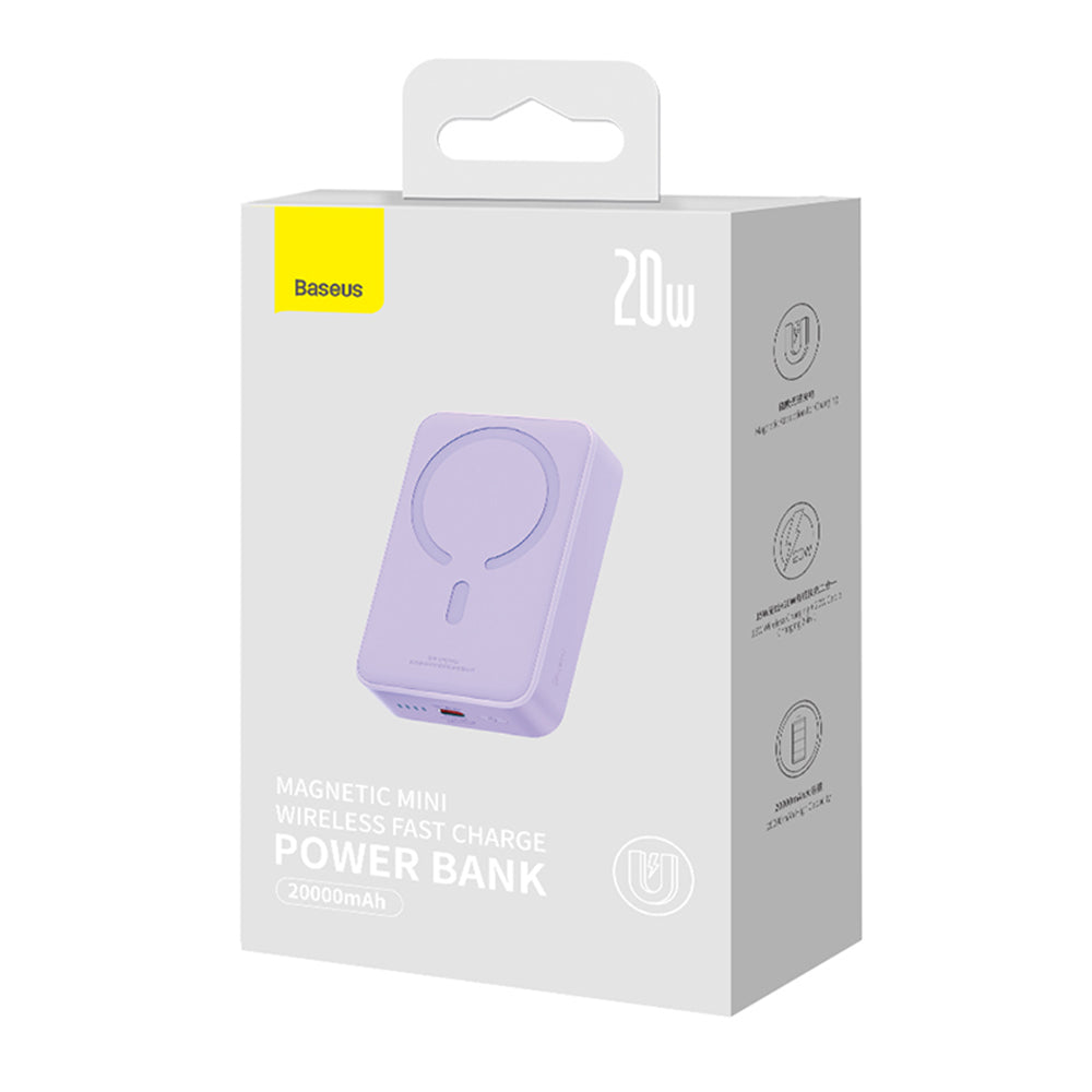 Baterie Externa Wireless Baseus Magnetic Mini, 20000mAh, 20W, PD + FQI, 1 x QI - 1 x USB-C, Mov PPCX150005