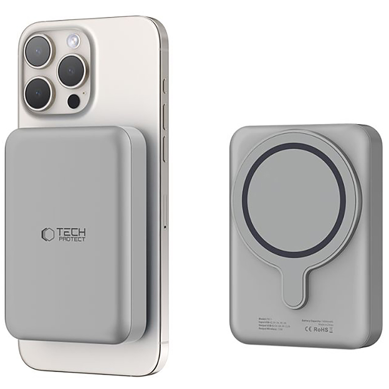 Baterie Externa Wireless Tech-Protect PB11 LifeMag, 10000mAh, 15W, PD + FQI, 1 x QI - 1 x USB-C, Gri, Resigilata