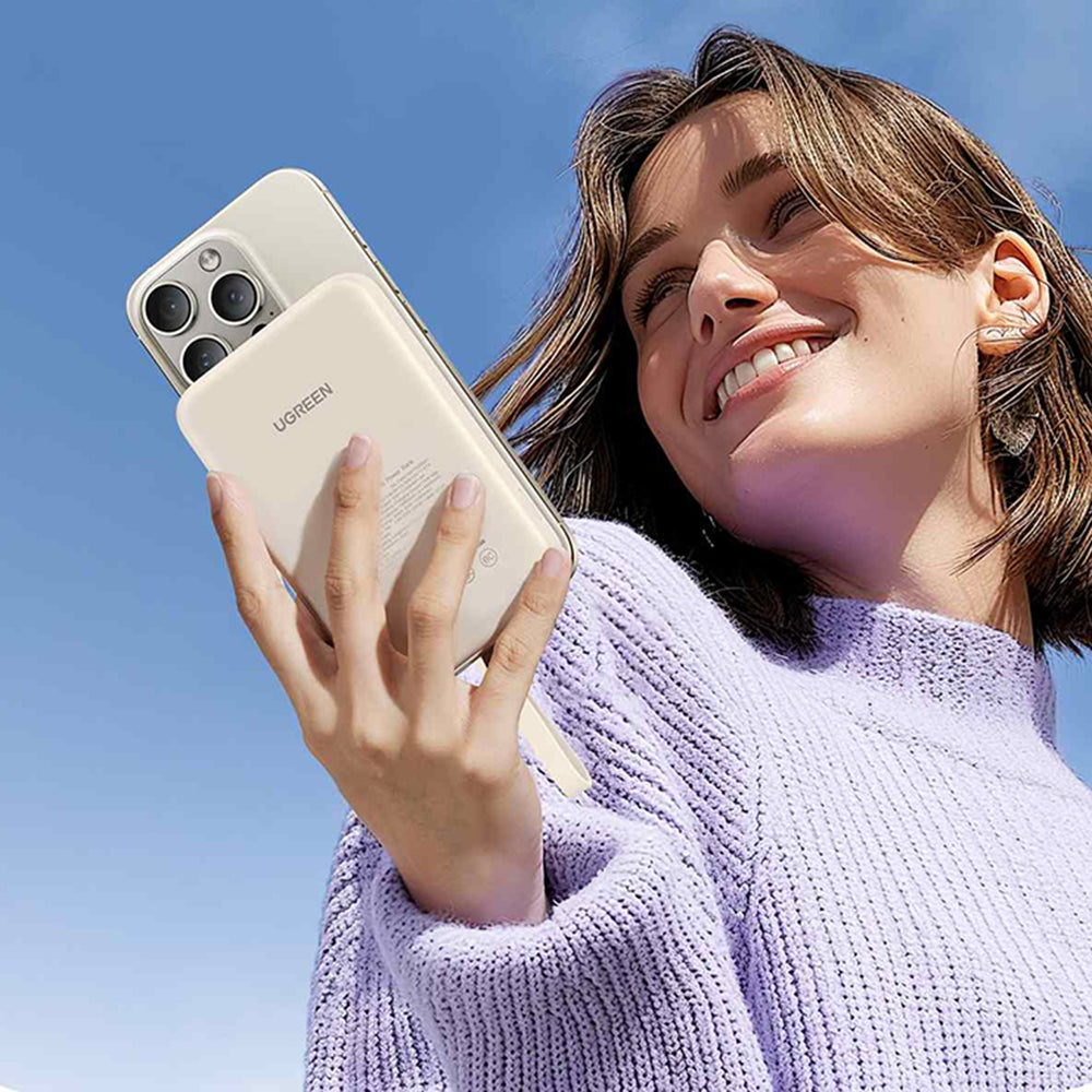 Baterie Externa Wireless UGREEN PB760, 10000mAh, 20W, PD + FQI, 1 x QI - 1 x USB-C, Bej