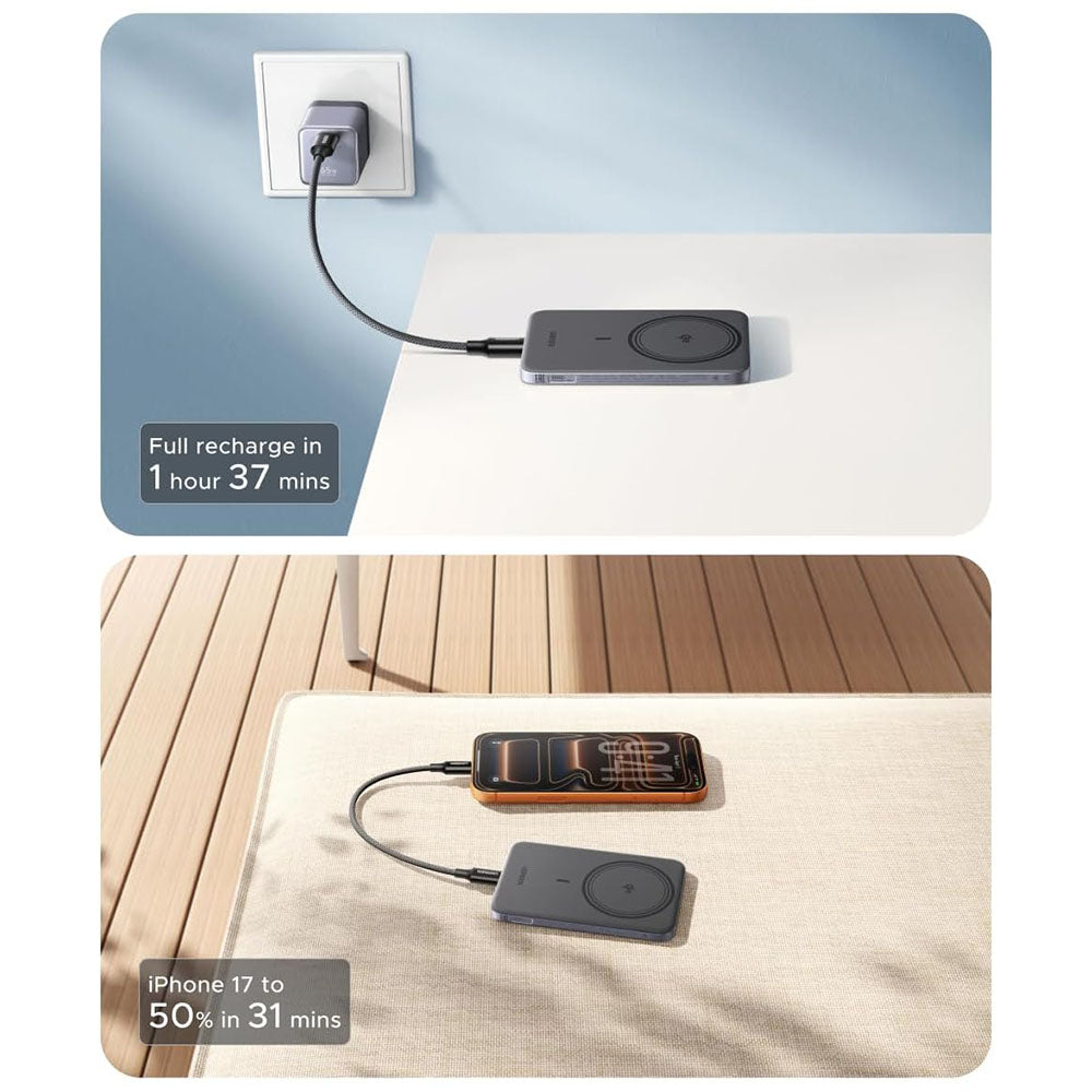 Baterie Externa Wireless UGREEN PB580 (75984B), 5000mAh, 15W, PD + FQI, 1 x QI - 1 x USB-C, Gri