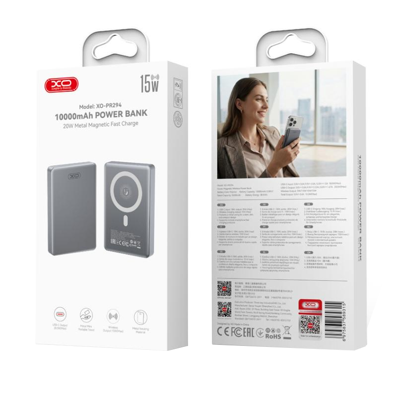 Baterie Externa Wireless XO Design PR294, 10000mAh, 20W, PD + FQI, 1 x QI - 1 x USB-C, Gri