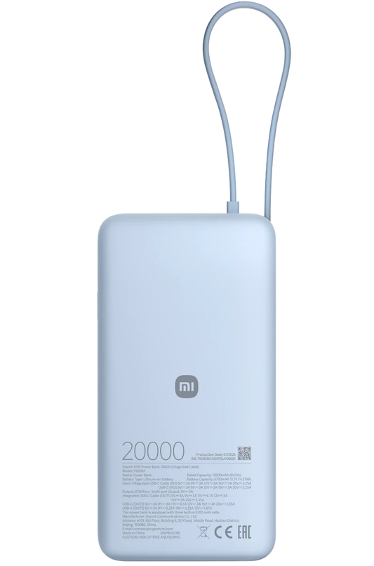 Baterie Externa Xiaomi, 20000mAh, 67W, QC + PD, 1 x USB-A - 2 x USB-C, Albastra BHR08O8GL