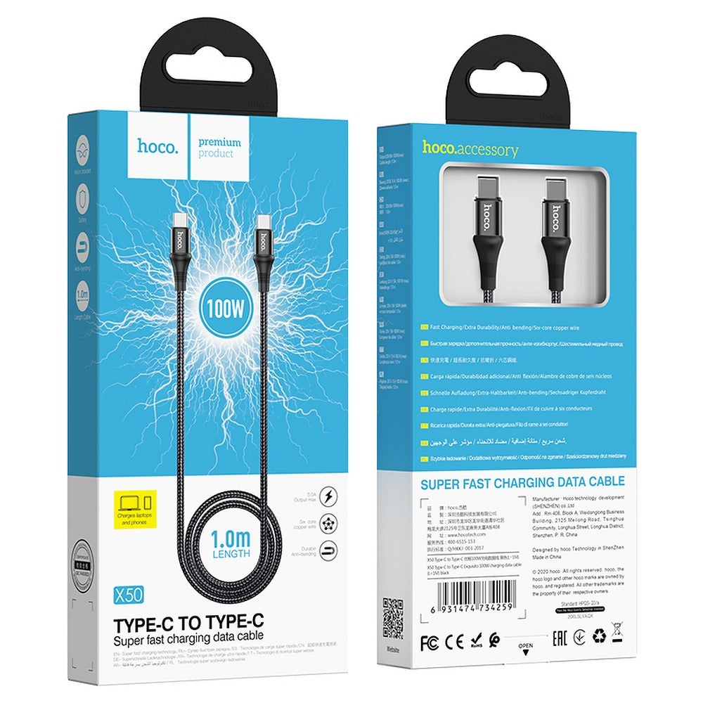 Cablu Date si Incarcare USB-C - USB-C HOCO X50, 100W, 1m, Negru