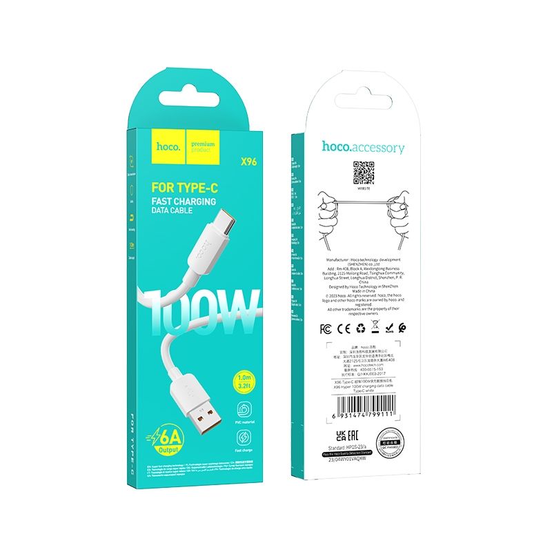 Cablu Date si Incarcare USB-A - USB-C HOCO X96, 100W, 1m, Alb
