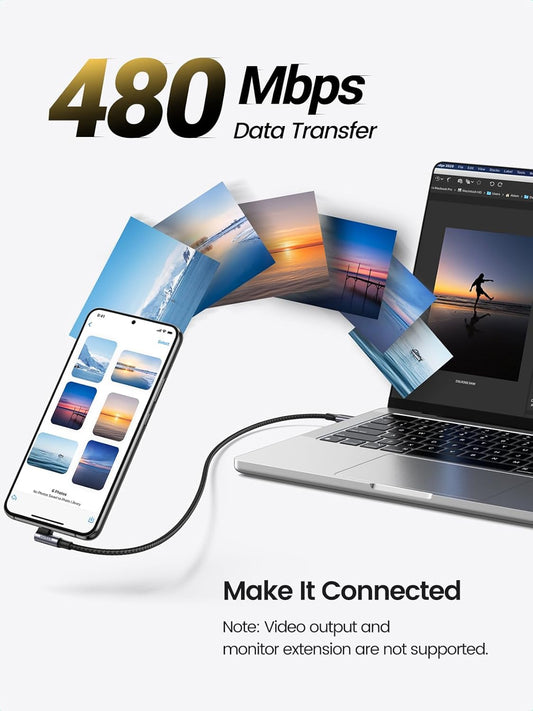 Cablu Date si Incarcare USB-C - USB-C UGREEN US334 Angled, 100W, 2m, Negru