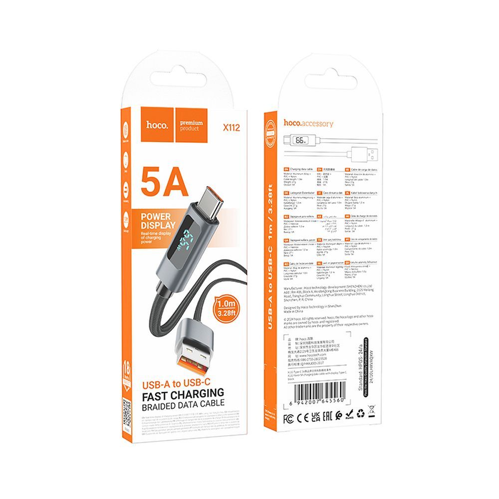 Cablu Date si Incarcare USB-A - USB-C HOCO Display X112, 100W, 1m, Negru