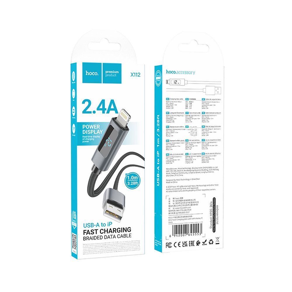 Cablu Date si Incarcare USB-A - Lightning HOCO Display X112, 18W, 1m, Negru