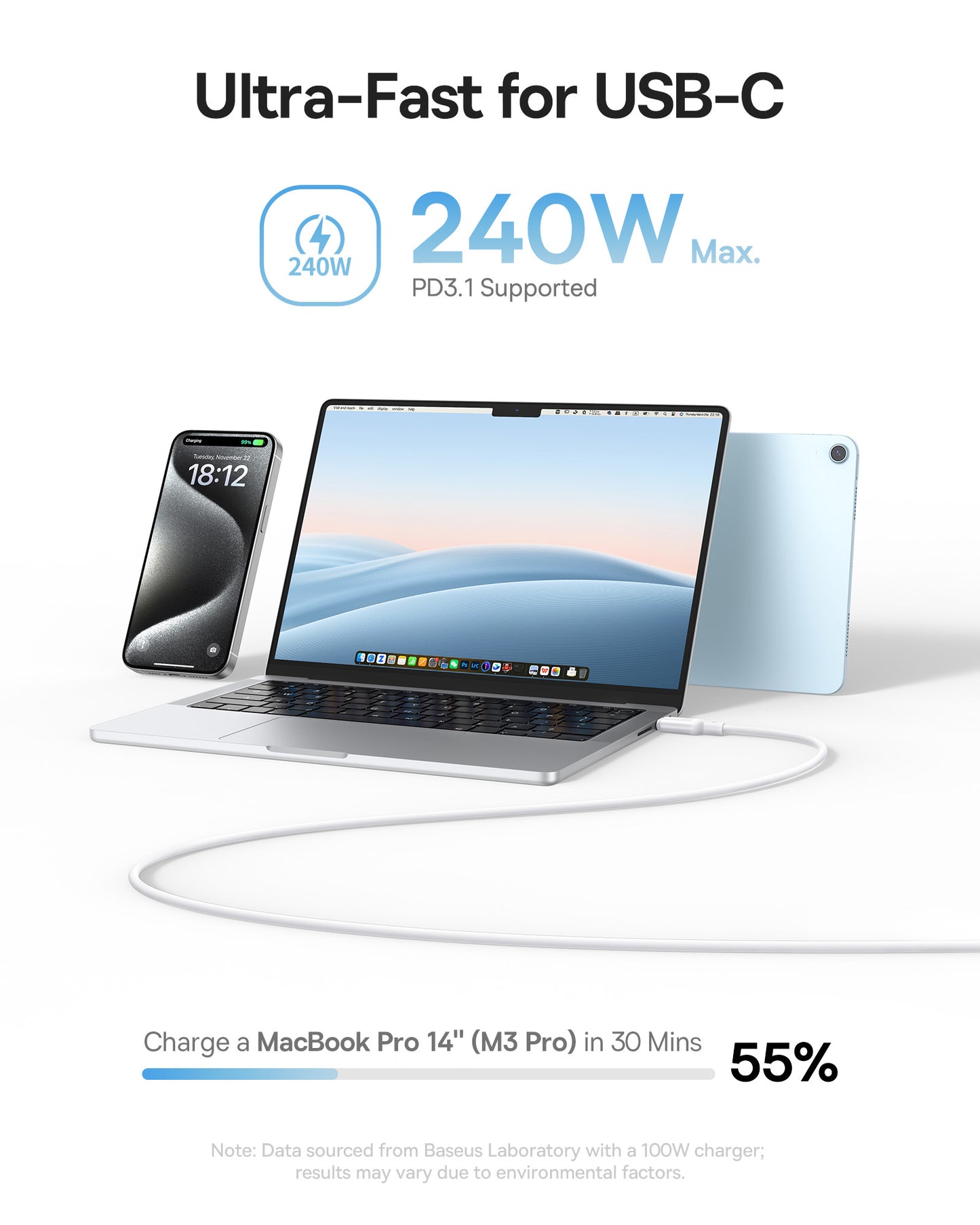 Cablu Date si Incarcare USB-C - USB-C Baseus PicoGo, 240W, 1m, Alb P10376800211-00