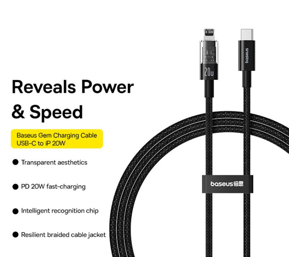 Cablu Date si Incarcare USB-C - Lightning Baseus Gem, 20W, 2m, Negru P10373001111-01