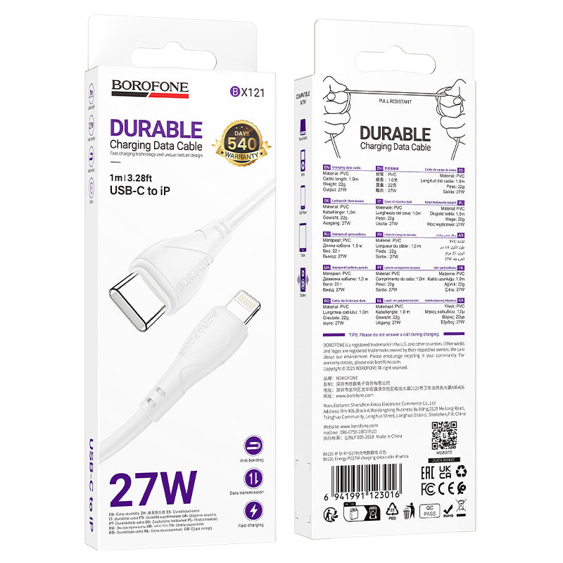 Cablu Date si Incarcare USB-C - USB-C Borofone BX121 Energy, 60W, 1m, Alb