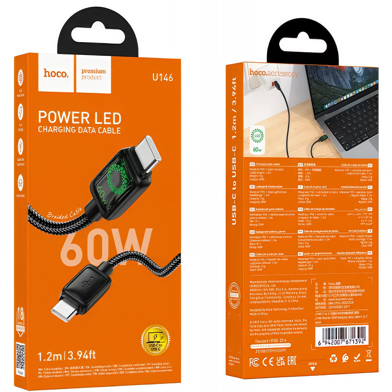 Cablu Date si Incarcare USB-C - USB-C HOCO U146, 60W, 1.2m, Negru