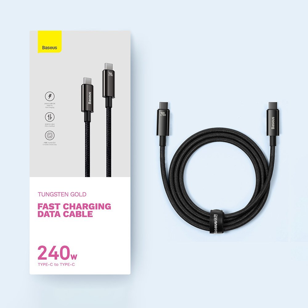 Cablu Date si Incarcare USB-C - USB-C Baseus Tungsten Gold, 240W, 2m, Negru CAWJ040101
