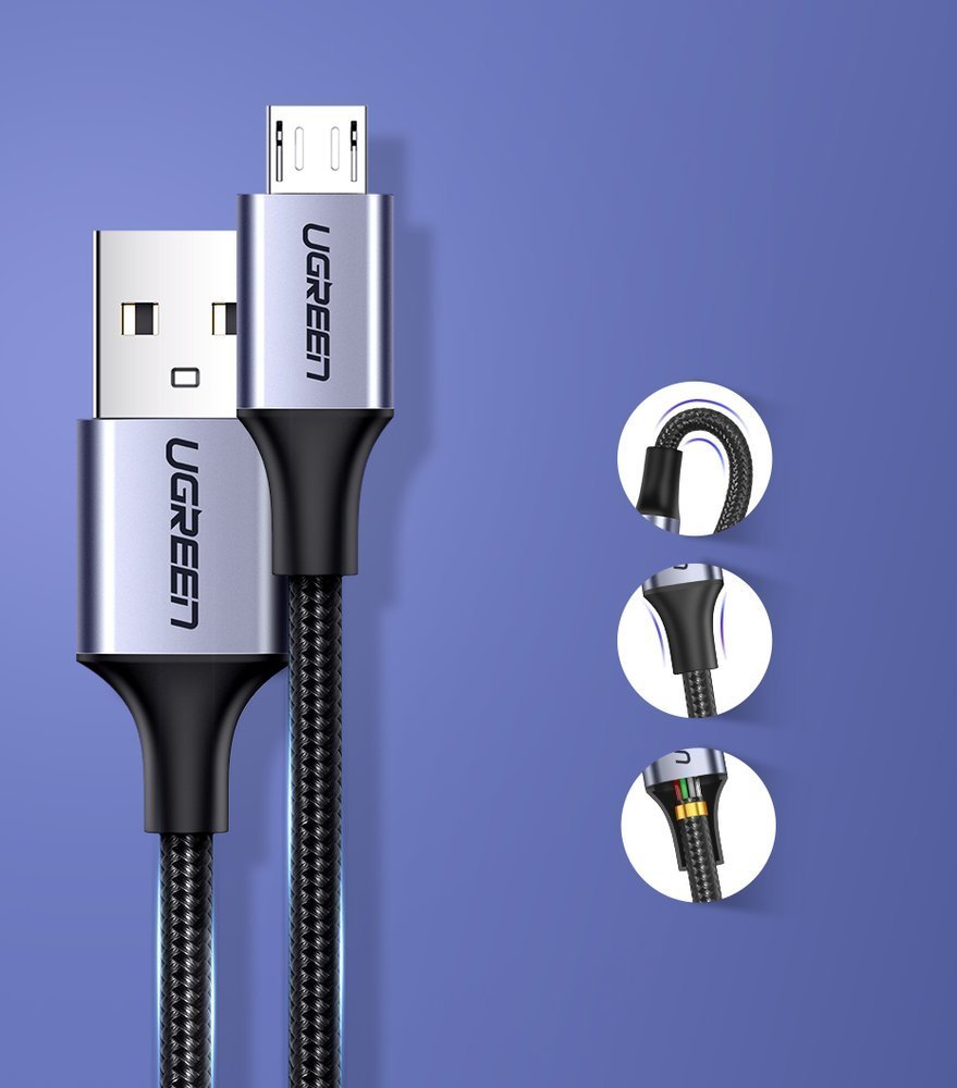 Cablu Date si Incarcare USB-A - microUSB UGREEN US290, 18W, 2m, Negru