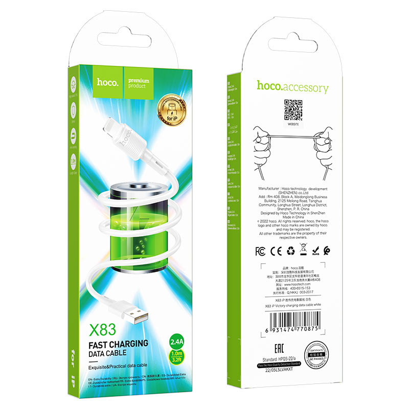 Cablu Date si Incarcare USB-A - Lightning HOCO X83 Victory, 18W, 1m, Alb
