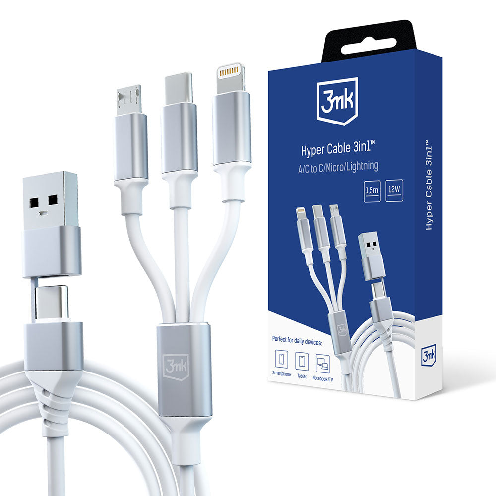 Cablu Incarcare USB-A / USB-C - Lightning / microUSB / USB-C 3MK Hyper 3in1, 12W, 1.5m, Alb