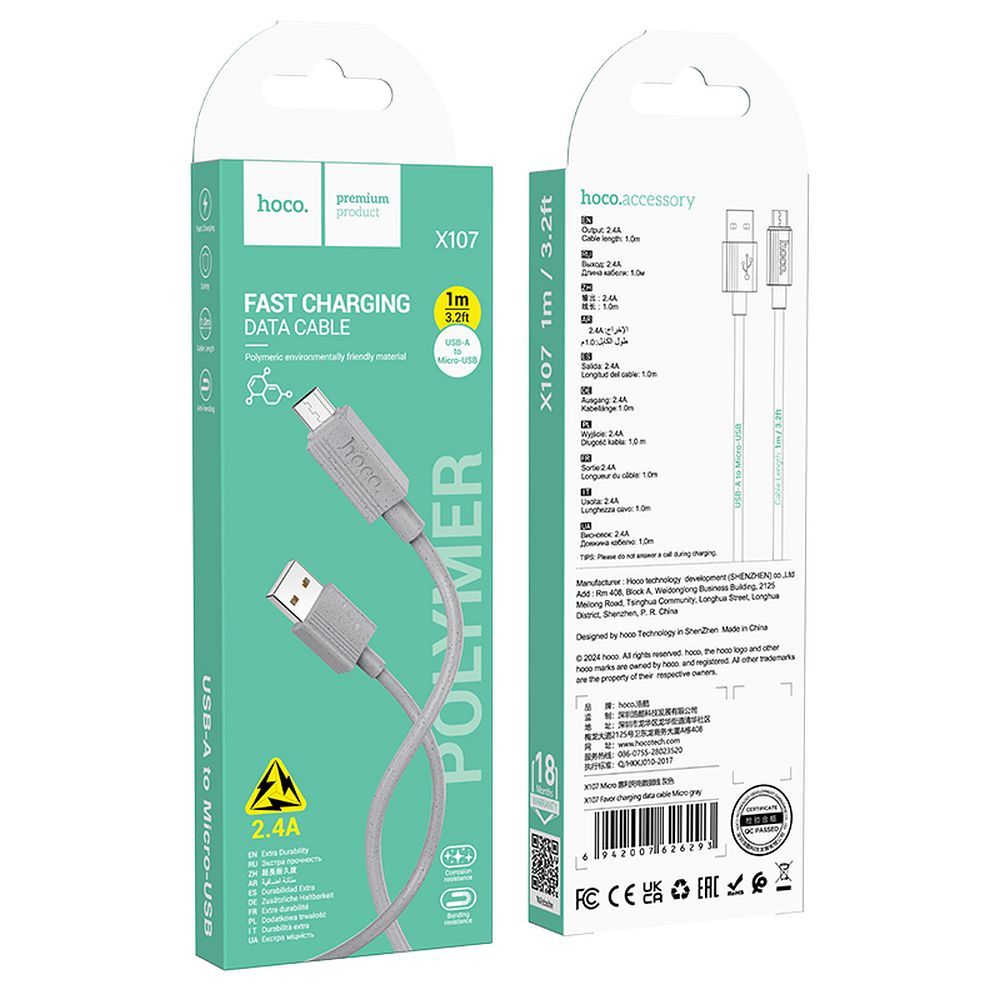 Cablu Date si Incarcare USB-A - microUSB HOCO X107, 18W, 1m, Gri