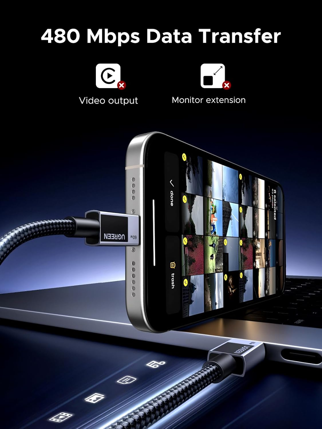 Cablu Date si Incarcare USB-C - USB-C UGREEN L524, 60W, 2m, Gri