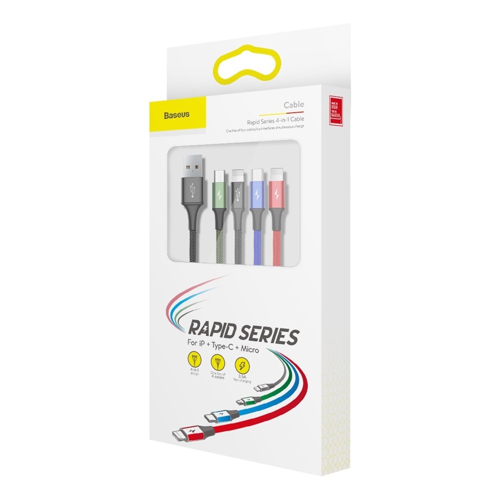 Cablu Incarcare USB-A - 2 x Lightning / microUSB / USB-C Baseus Rapid 4in1, 20W, 1.2m, Negru CA1T4-A01