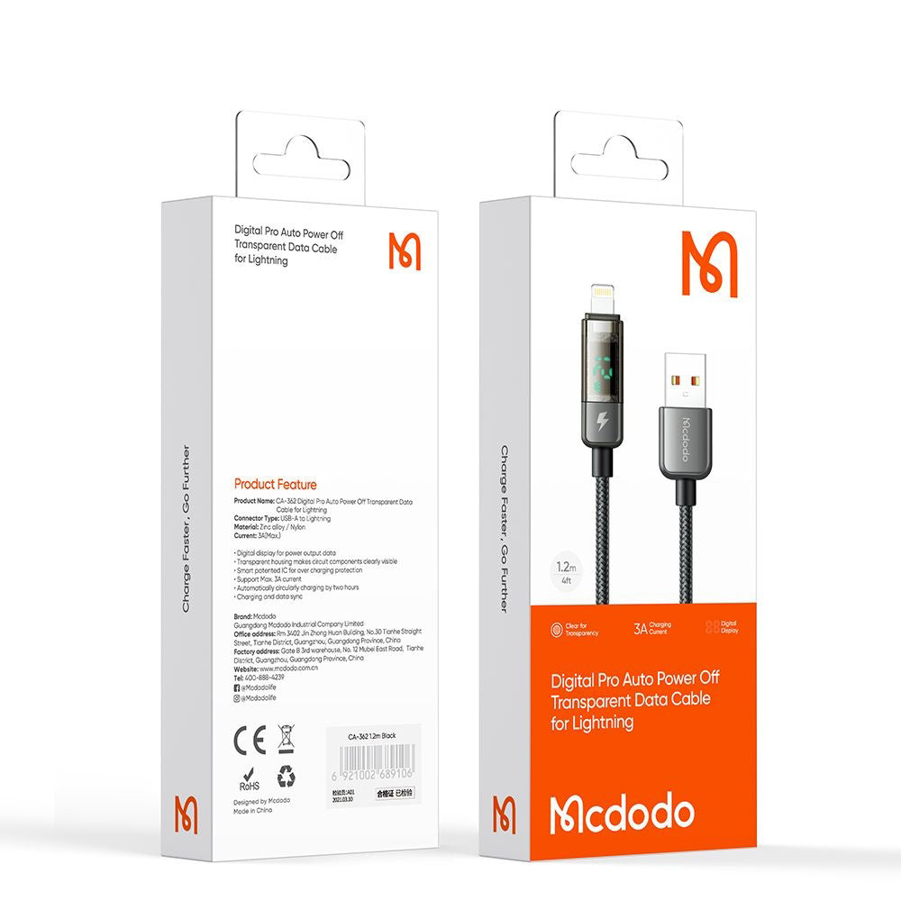 Cablu Date si Incarcare USB-A - Lightning McDodo CA-3620 Display Auto Power Off, 18W, 1.2m, Negru