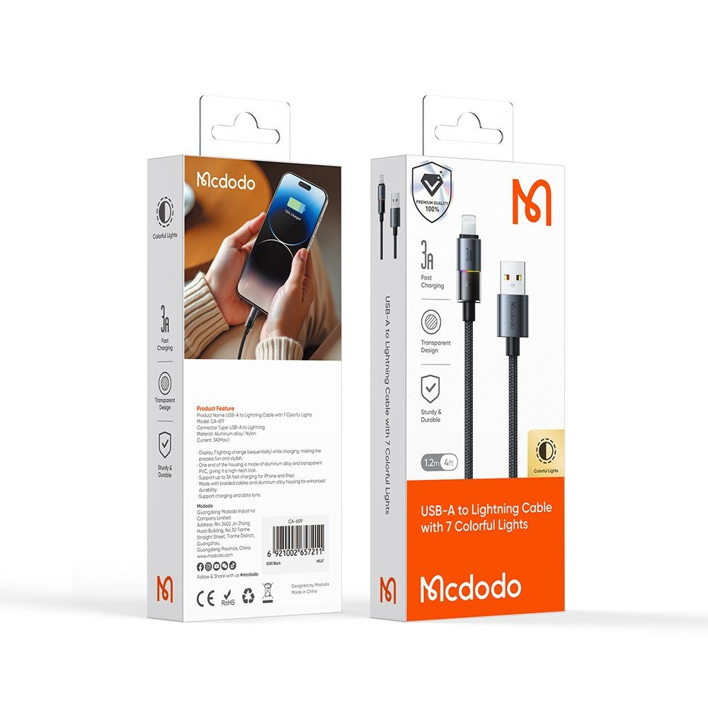 Cablu Date si Incarcare USB-A - Lightning McDodo CA-8170 Colorful, 18W, 1.2m, Negru