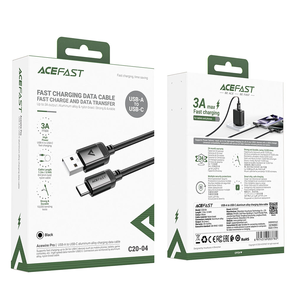 Cablu Date si Incarcare USB-A - USB-C Acefast C20-04, 18W, 1.2m, Negru