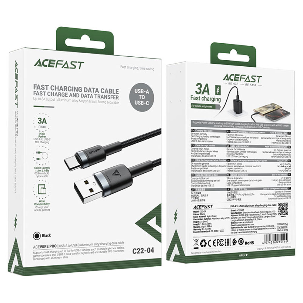 Cablu Date si Incarcare USB-A - USB-C Acefast C22-04, 18W, 1.2m, Negru