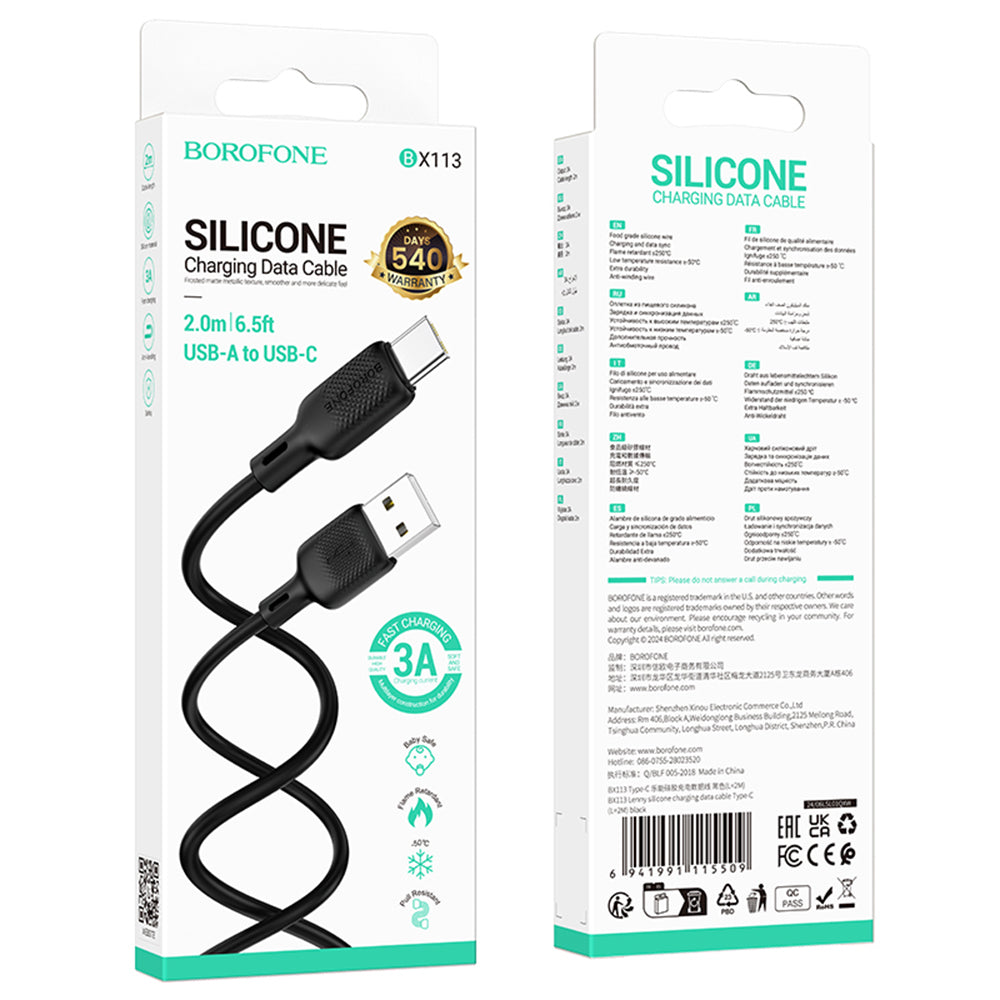 Cablu Date si Incarcare USB-A - USB-C Borofone BX113 Lenny, 18W, 2m, Negru