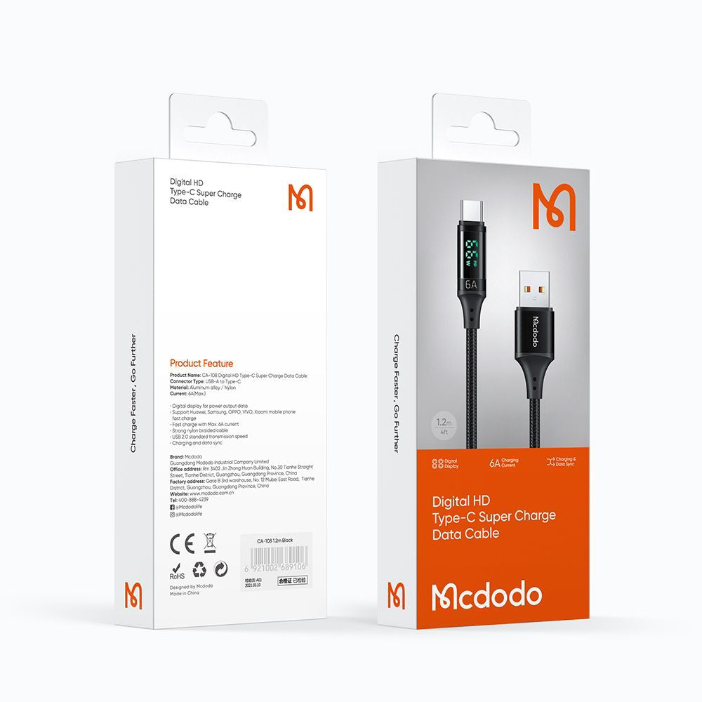 Cablu Date si Incarcare USB-A - USB-C McDodo CA-1080 Display, 66W, 1.2m, Negru