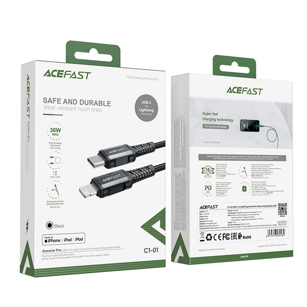 Cablu Date si Incarcare USB-C - Lightning Acefast C1-01, 30W, 1.2m, Negru