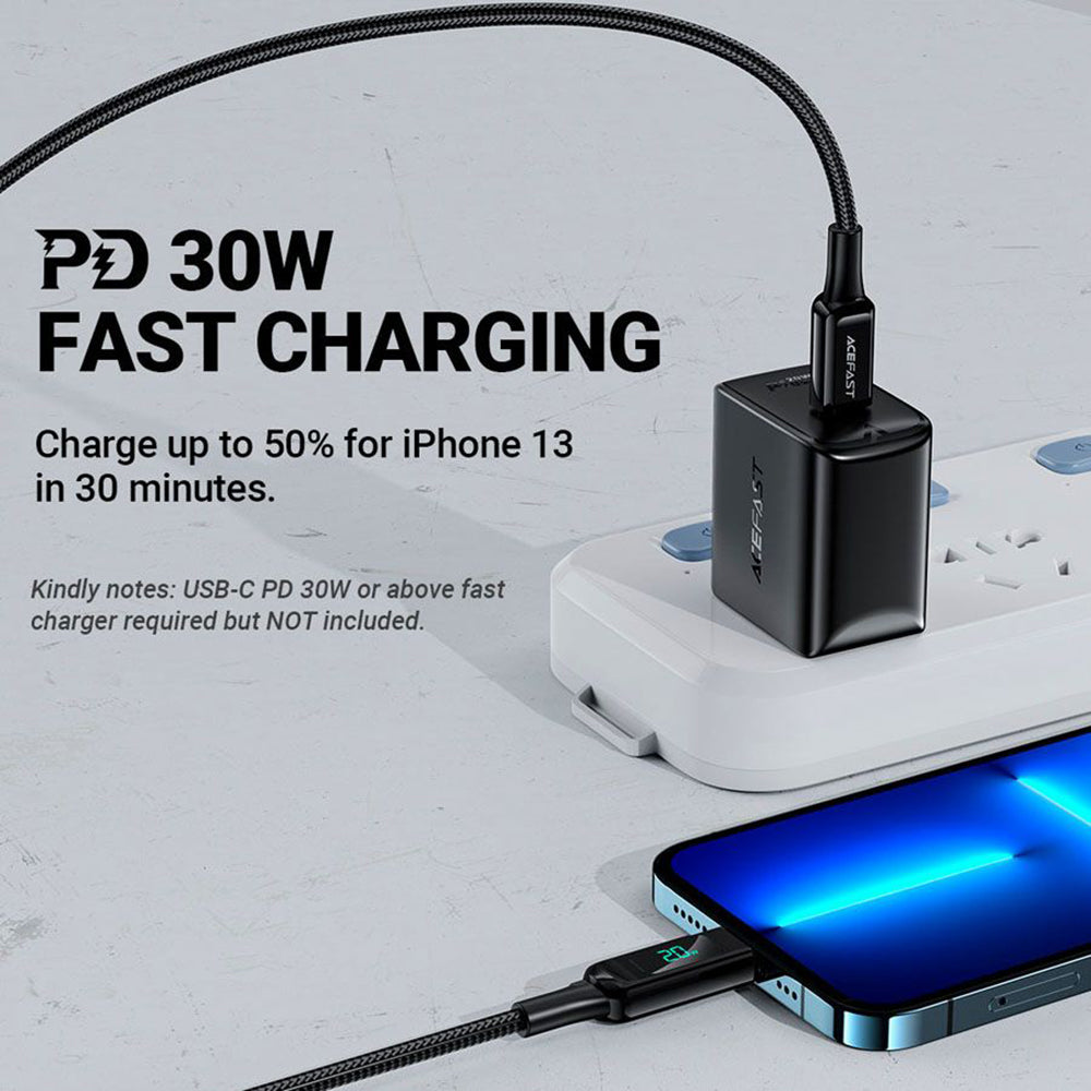 Cablu Date si Incarcare USB-C - Lightning Acefast C6-01 Display, 20W, 1.2m, Negru
