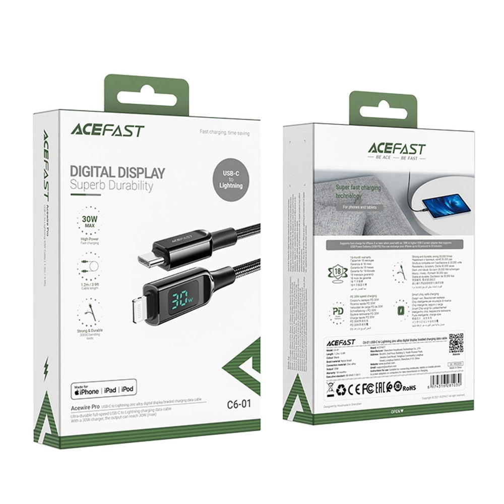 Cablu Date si Incarcare USB-C - Lightning Acefast C6-01 Display, 20W, 1.2m, Negru