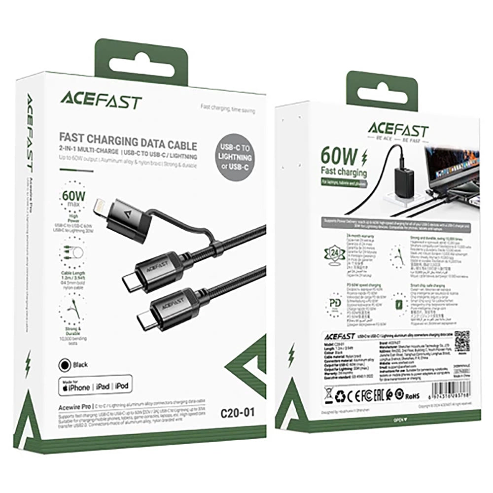 Cablu Date si Incarcare USB-C - Lightning / USB-C Acefast C20-01, 60W, 1.2m, Negru